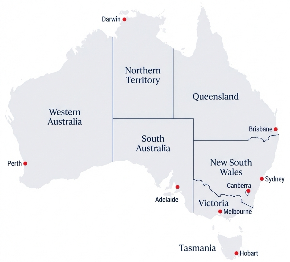 Map of Australia with States and Cities