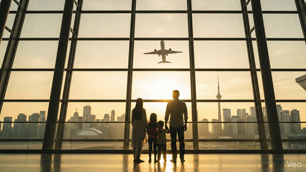 Parents and children beginning their immigration journey at international airport
