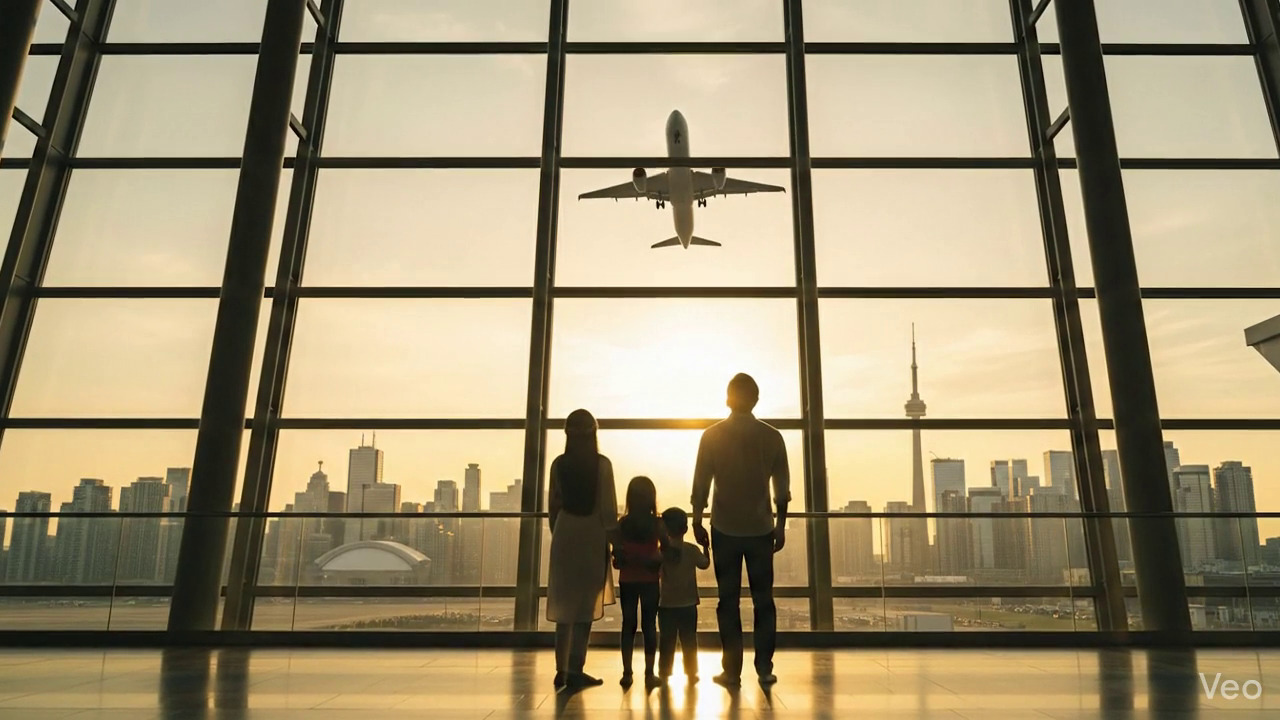 Parents celebrating with children after visa grant at airport