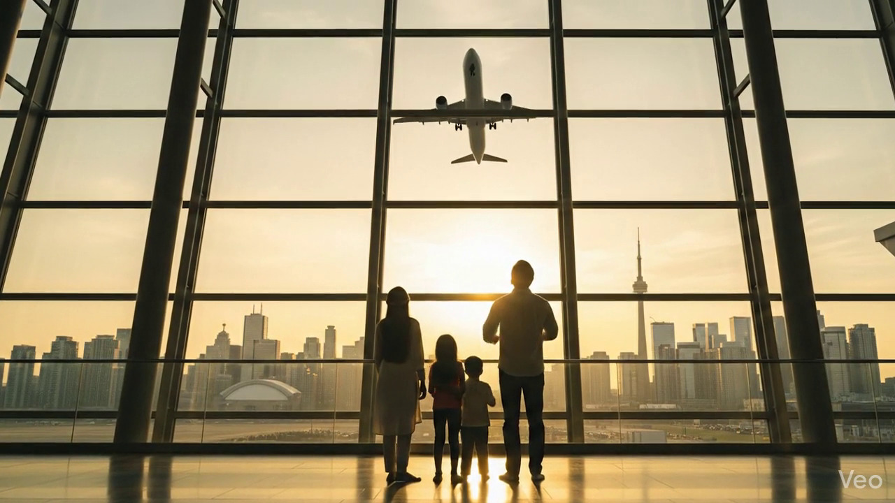 Successful immigration journey - family at airport with boarding passes