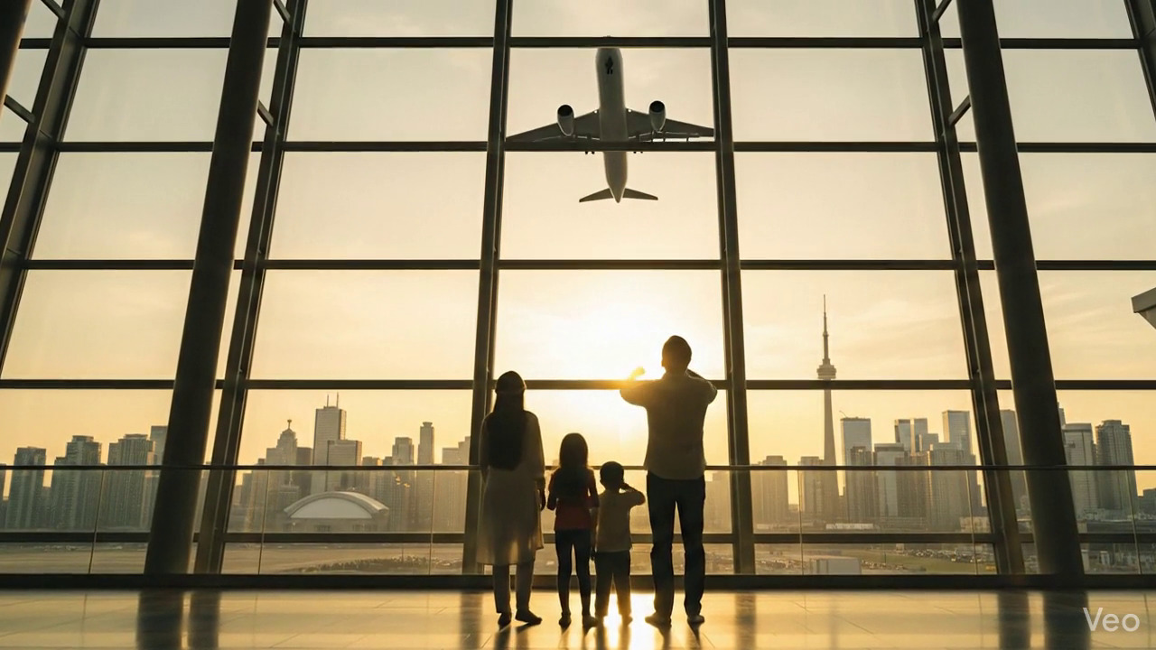 Parents and children beginning their immigration journey at international airport