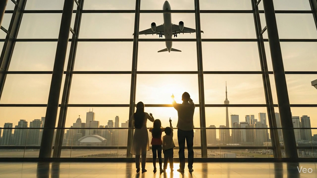 Successful immigration journey - family at airport with boarding passes