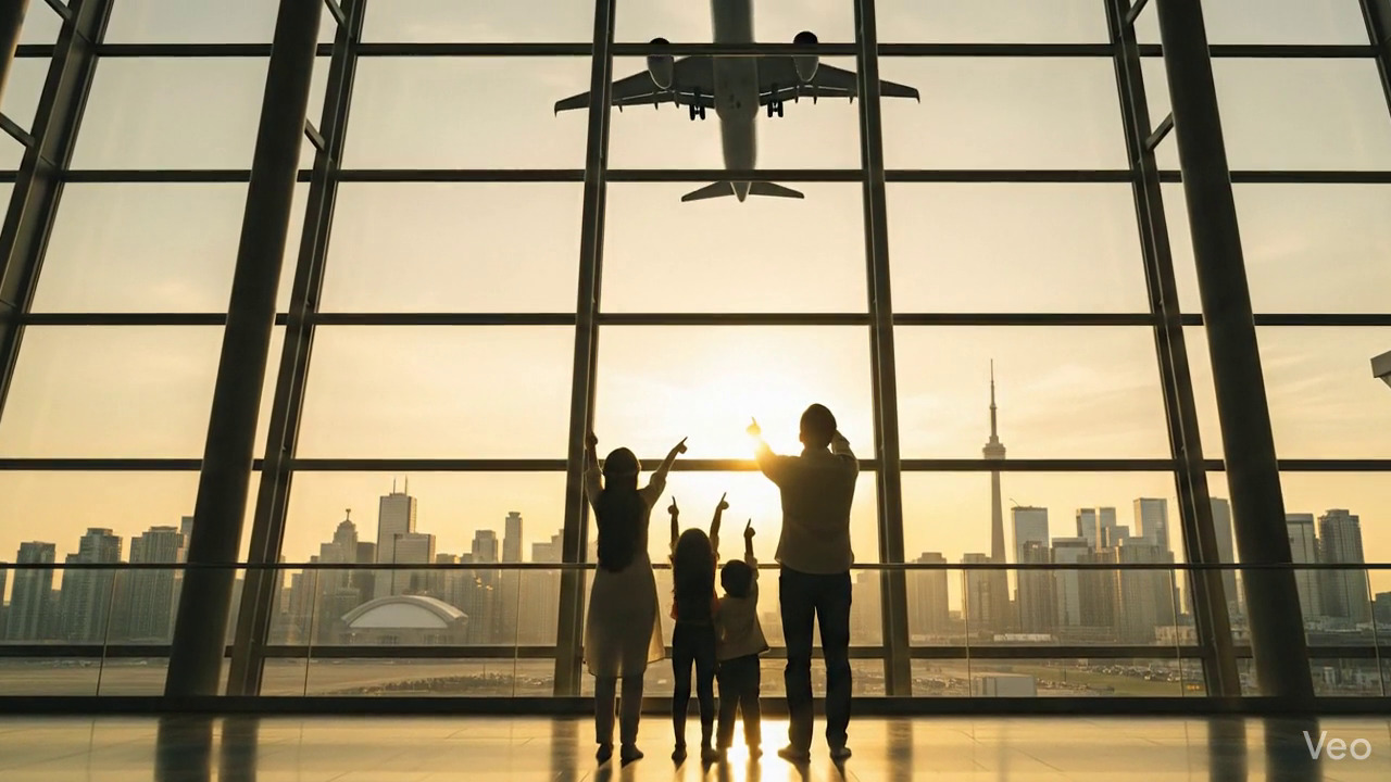 Immigrant family with travel documents at departure gate