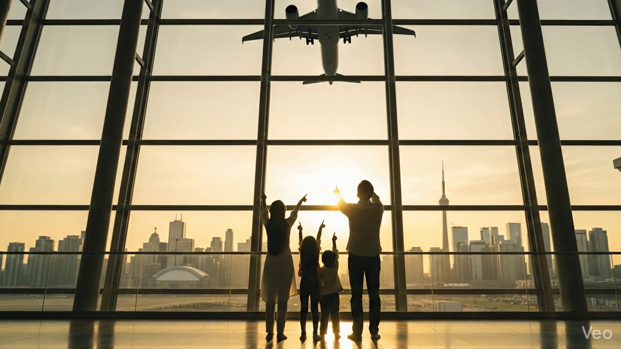 Parents celebrating with children after visa grant at airport