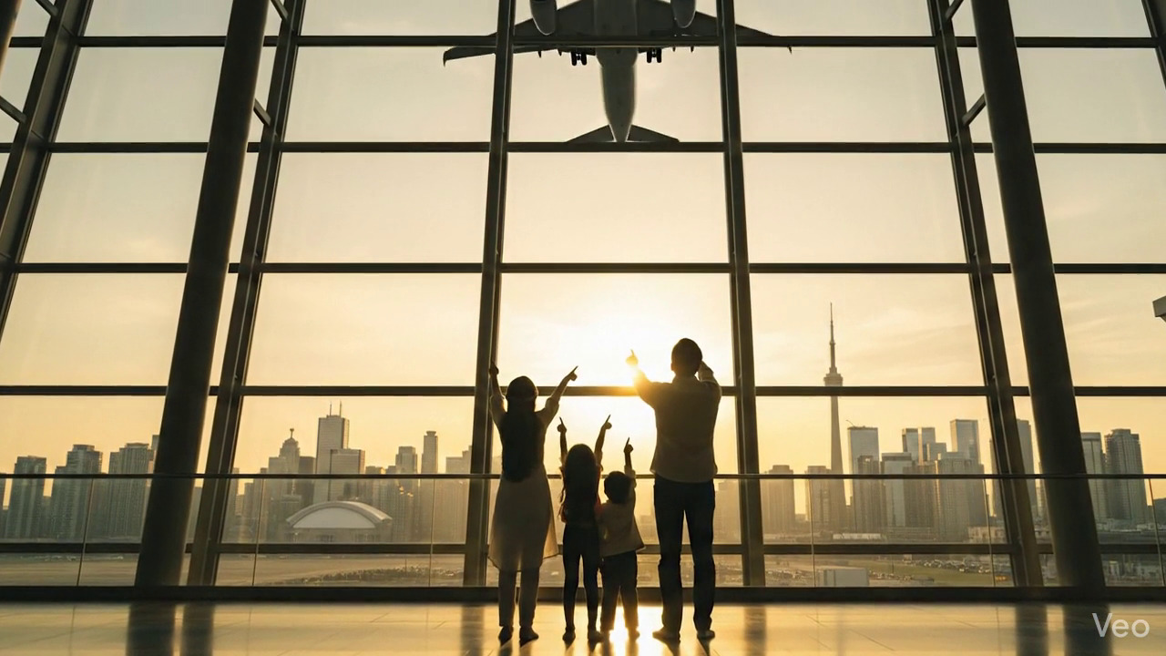 Excited family celebrating successful visa approval at airport terminal