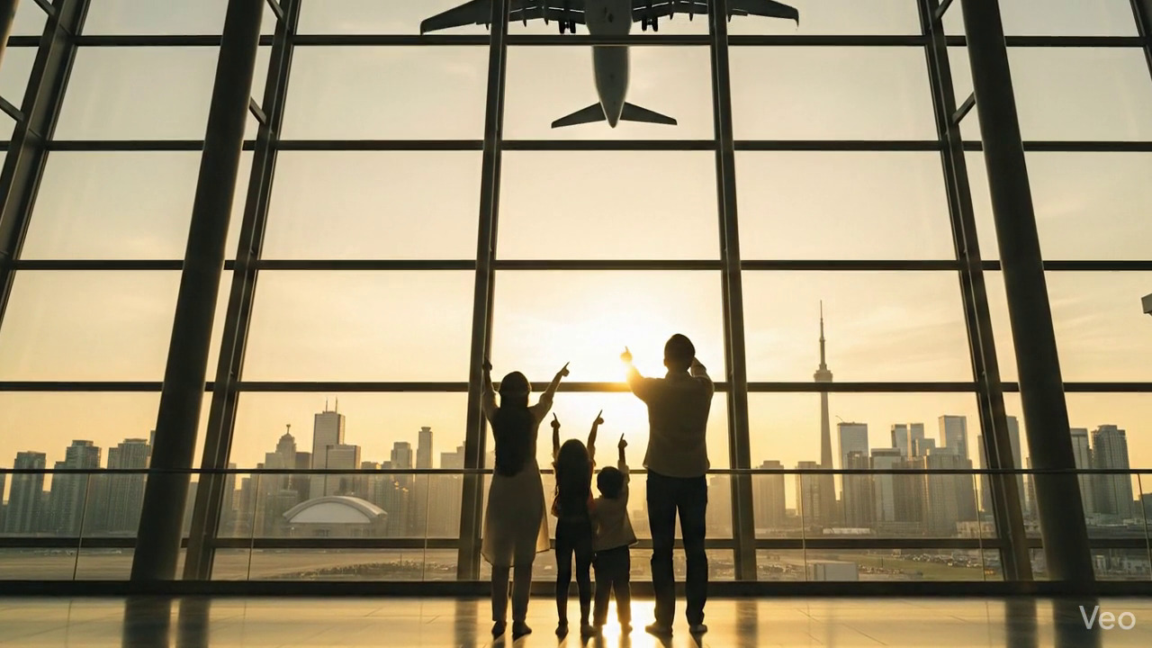 Immigrant family with travel documents at departure gate