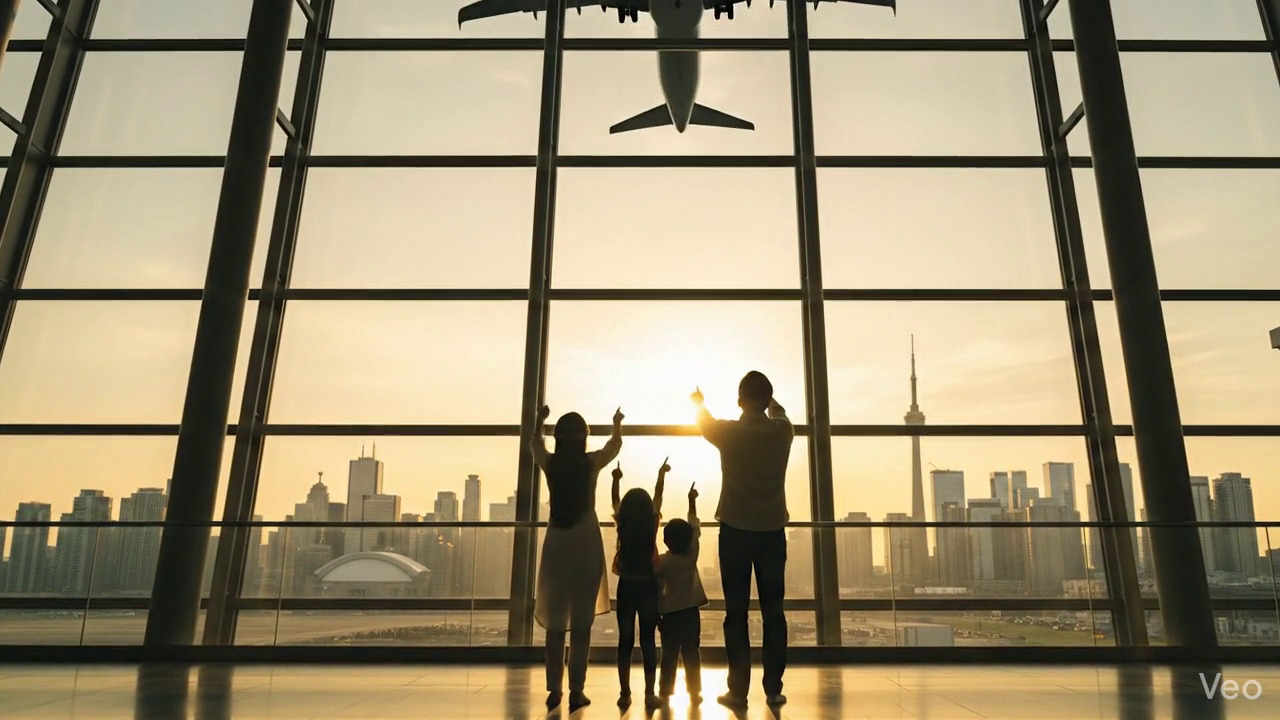 Successful immigration journey - family at airport with boarding passes