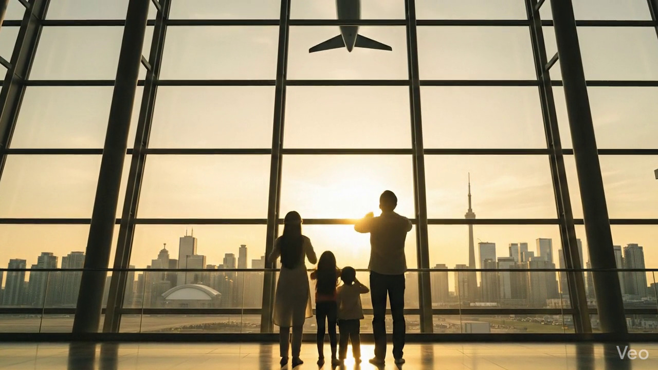Parents and children beginning their immigration journey at international airport