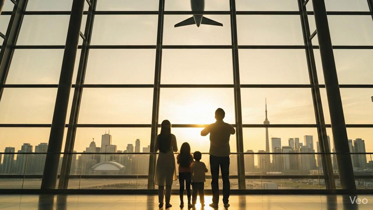 Joyful family walking through airport after receiving permanent residency