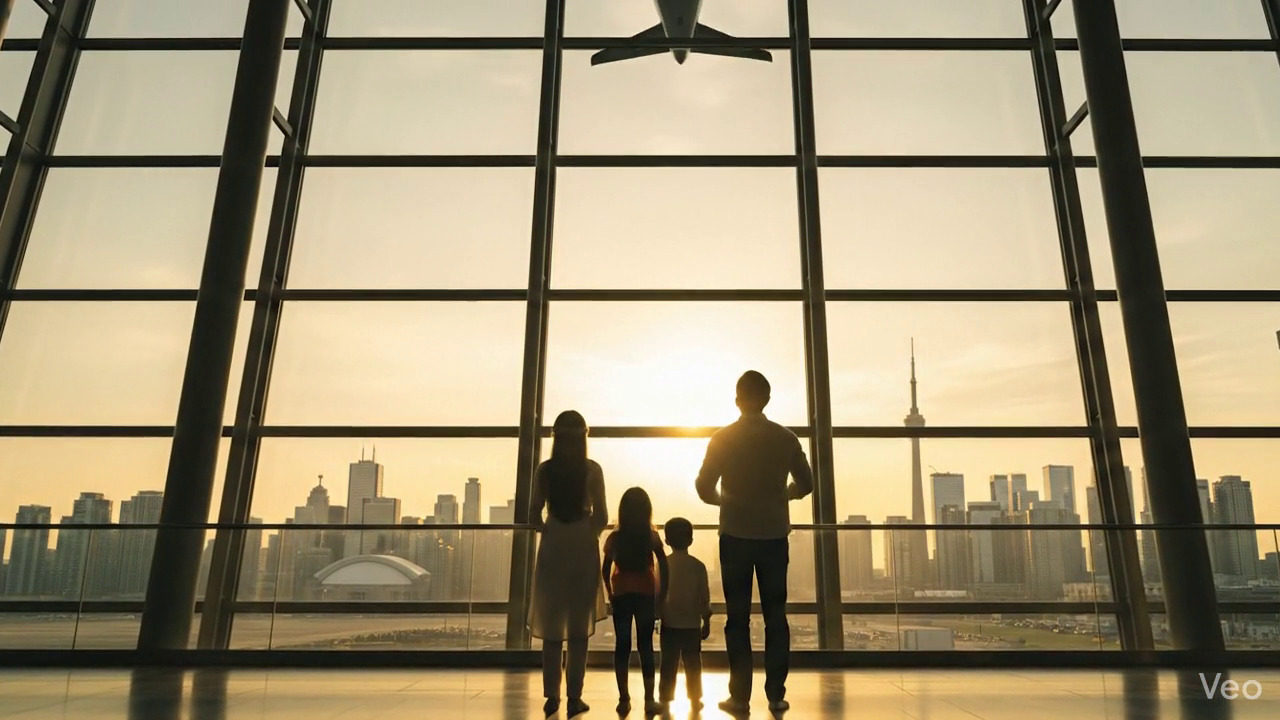 Successful immigration journey - family at airport with boarding passes