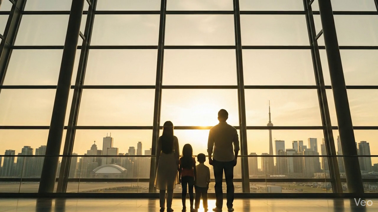 Parents celebrating with children after visa grant at airport